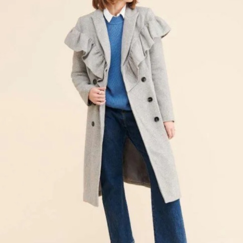 English Factory Grey Ruffle Pea Coat - Wool Blend